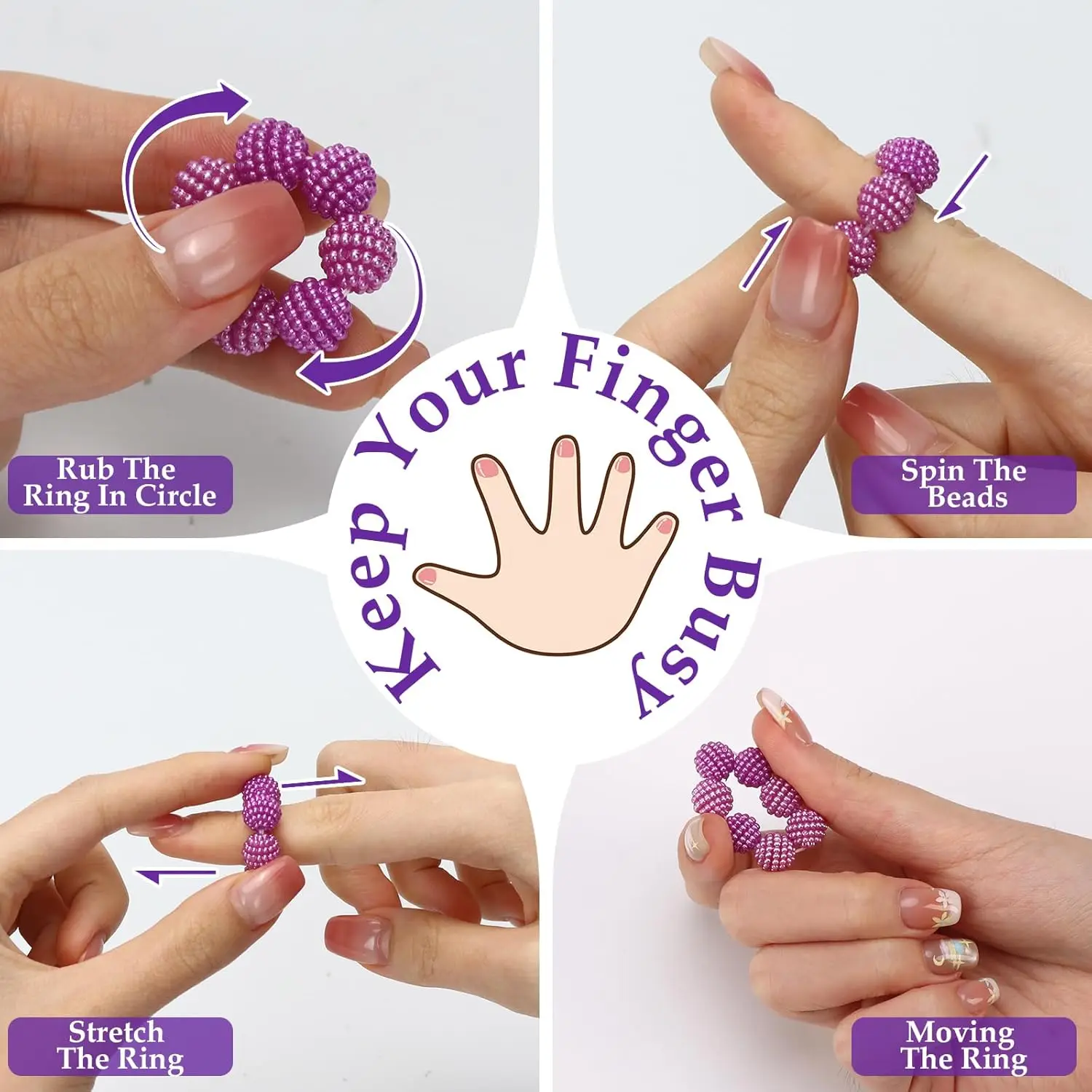 Sensory Spiky Bead Fidget Rings-Adjustable Relax Anxiety Calming Fidget with Spiky Beads for finger Massager 5pcs/set