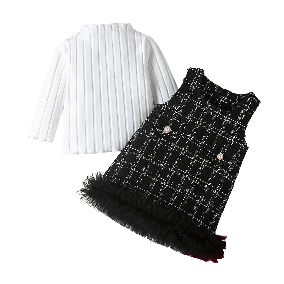 1-5Y Toddler Girl Winter Outfits Sets Lace Wine T-shirt and Lace Edge Tweed Dress For Kids Children's Clothing Girls Winter Sets