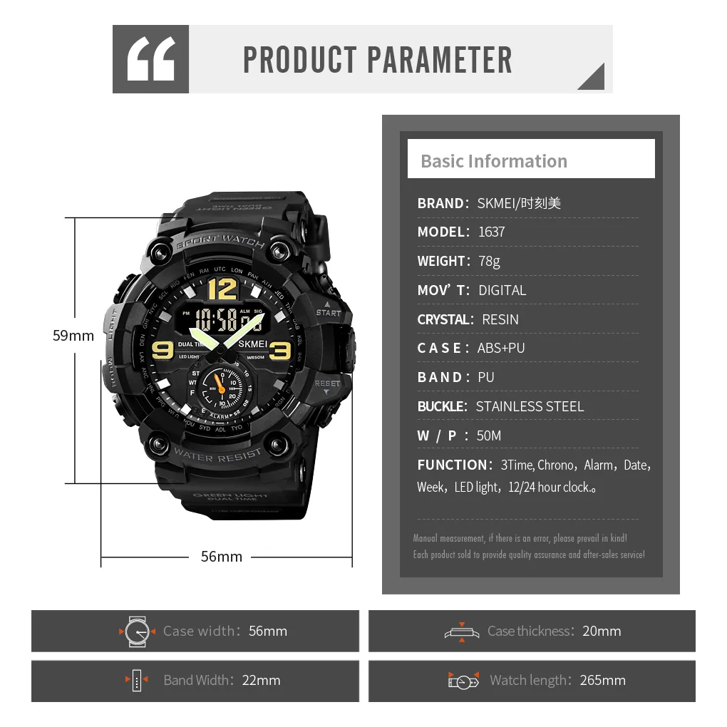 SKMEI Orologio Digitale Sportivo Uomo – 1142 LED 5ATM Impermeabile Cronometro Retroilluminato – Nero