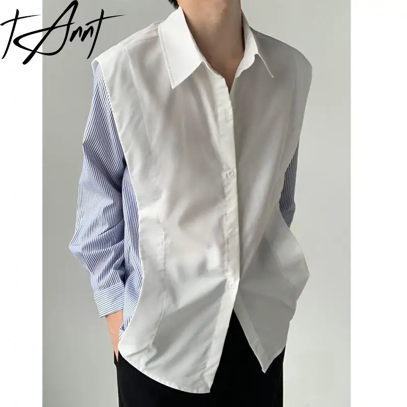 

Tannt Women Shirt Long Sleeves Patchwork Fake Two Stripes Casual Shirts Blouses Asymmetry Color Matching XL Blouses Tops 2023