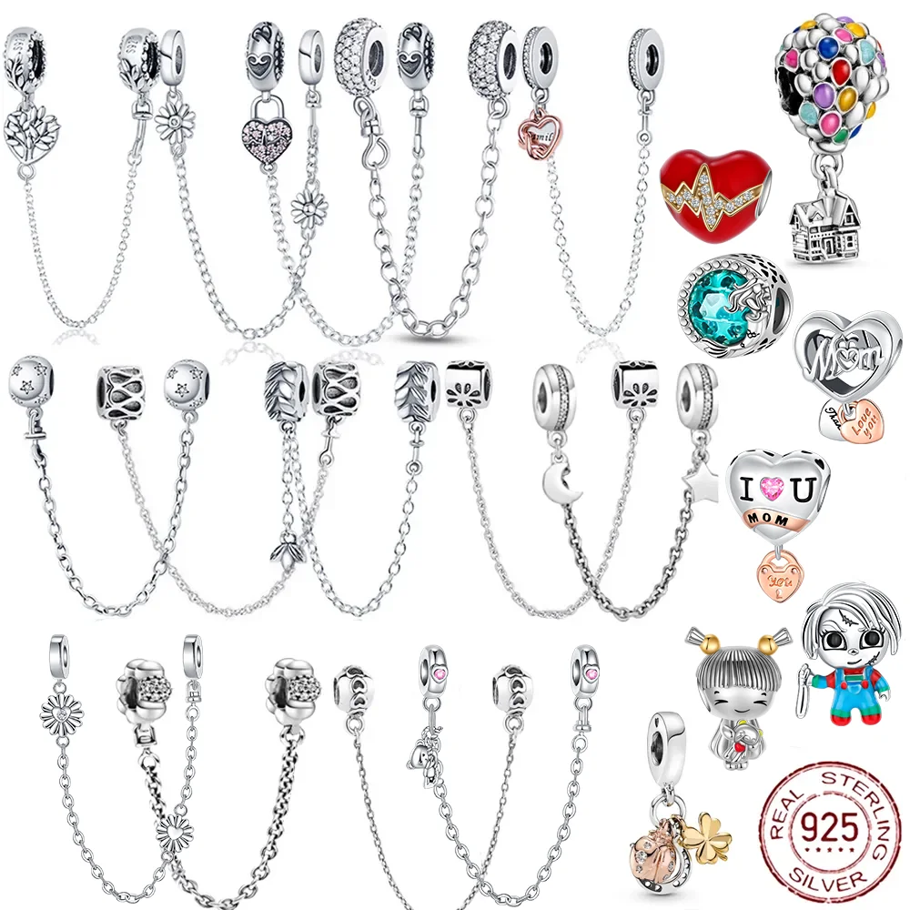 925 Sterling Silver Safety Chain Balloon Classic Series Charms Beads For Original Pandora Bracelets Charm Bead DIY Women Jewelry original 925 sterling silver bracelet star heart clasp snake chain rose gold diy beads charms bracelets for women luxury jewelry