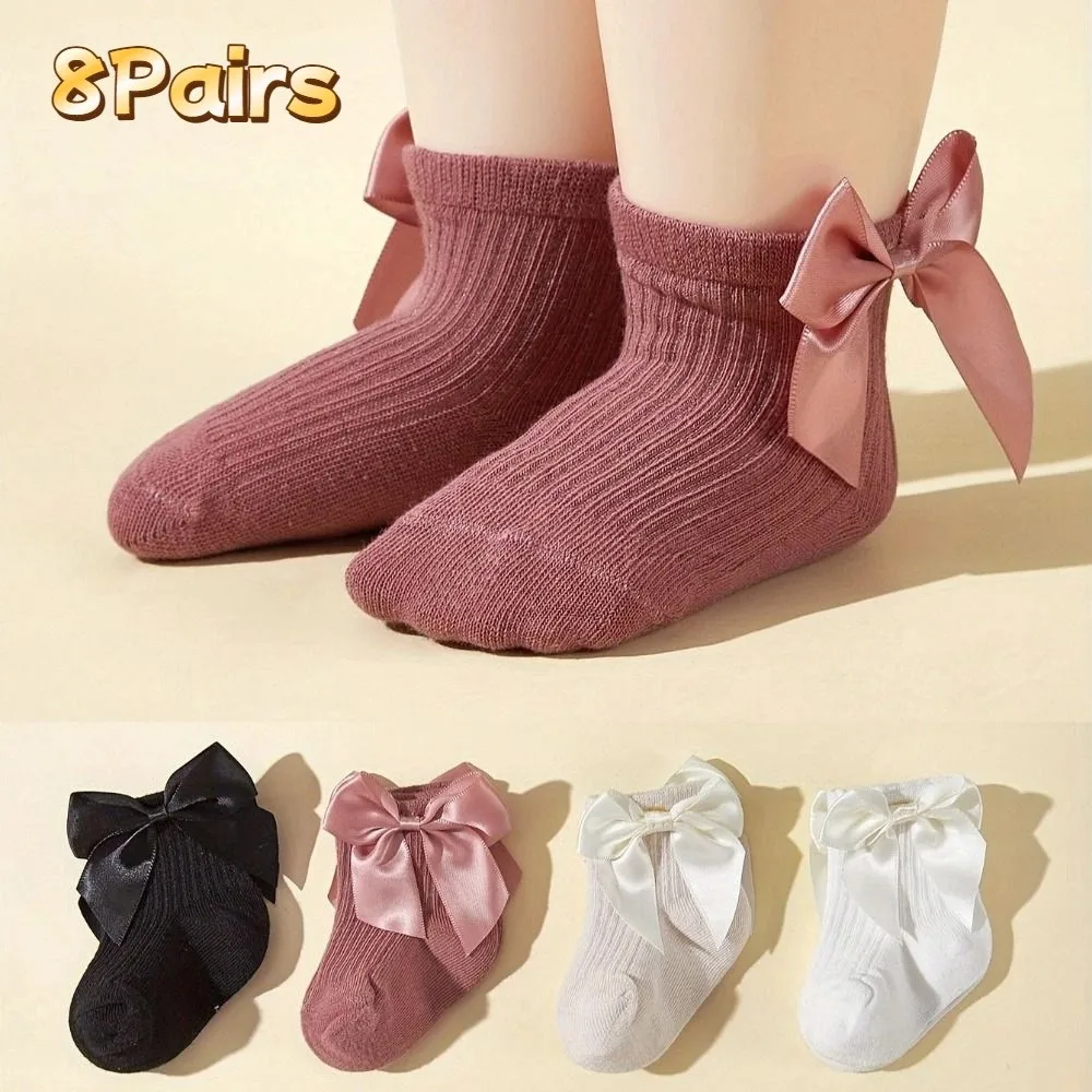 8Pairs Warm Bowknot Baby Cotton Socks Stripe Autumn Spring Toddle Short Tube Socks Cute Breathable Infant Solid Socks Newborn