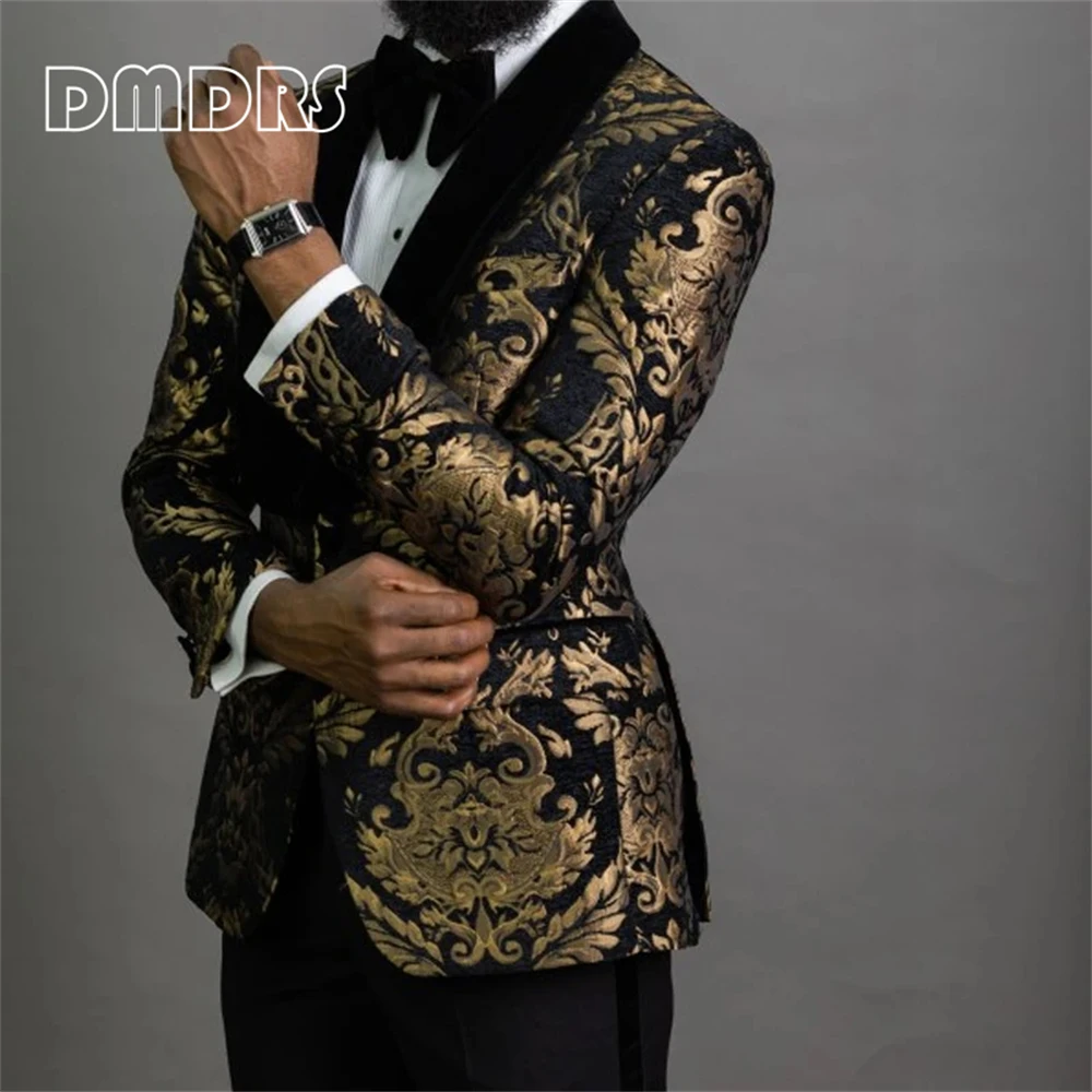 Floral Jacquard Blazer for Men Prom African Fashion Slim Fit with Velvet Shawl Lapel Male Suit Jacket for Wedding Groom Tuxedo
