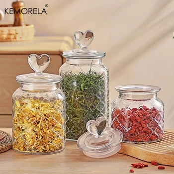 KEMORELA Clear Glass Jar Heart Shaped Lid Airtight Multi- Reusable Food Storage Box Wishing Prayer Bottle for Kitchen Storage 1