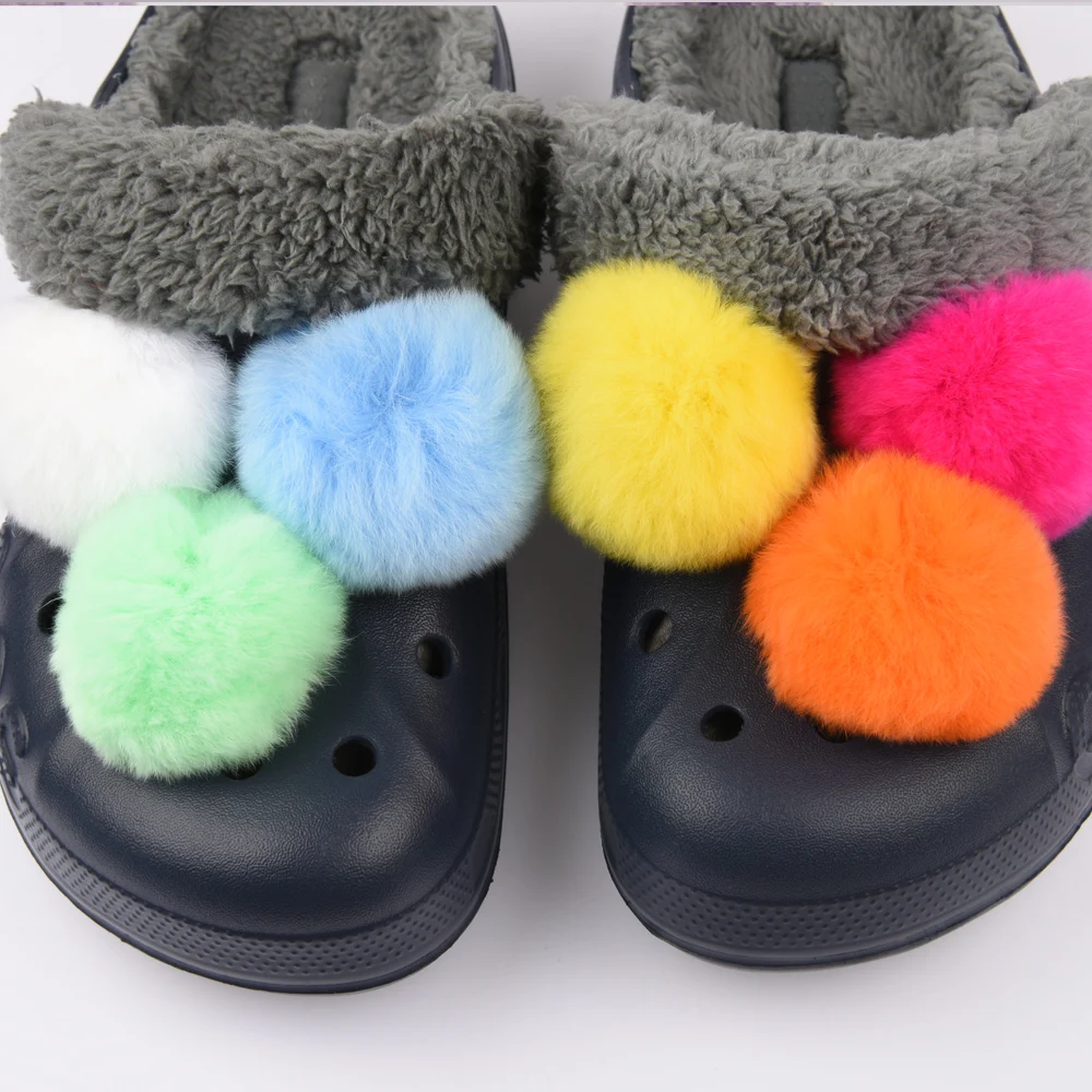 Single Sale Real Fur Pompom Fluffy Shoe Charms Multi-color Plush Ball Shoes Accessories Boys Girls Garden Sandals Decorations