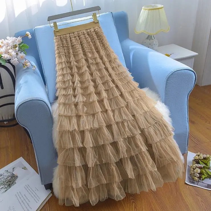 

Sweet Cake Layered Tulle Long Maxi Skirt Women Fashion High Waist Ruffled Vintage Tiered Pleated Mesh Tutu Skirts Falda Q175