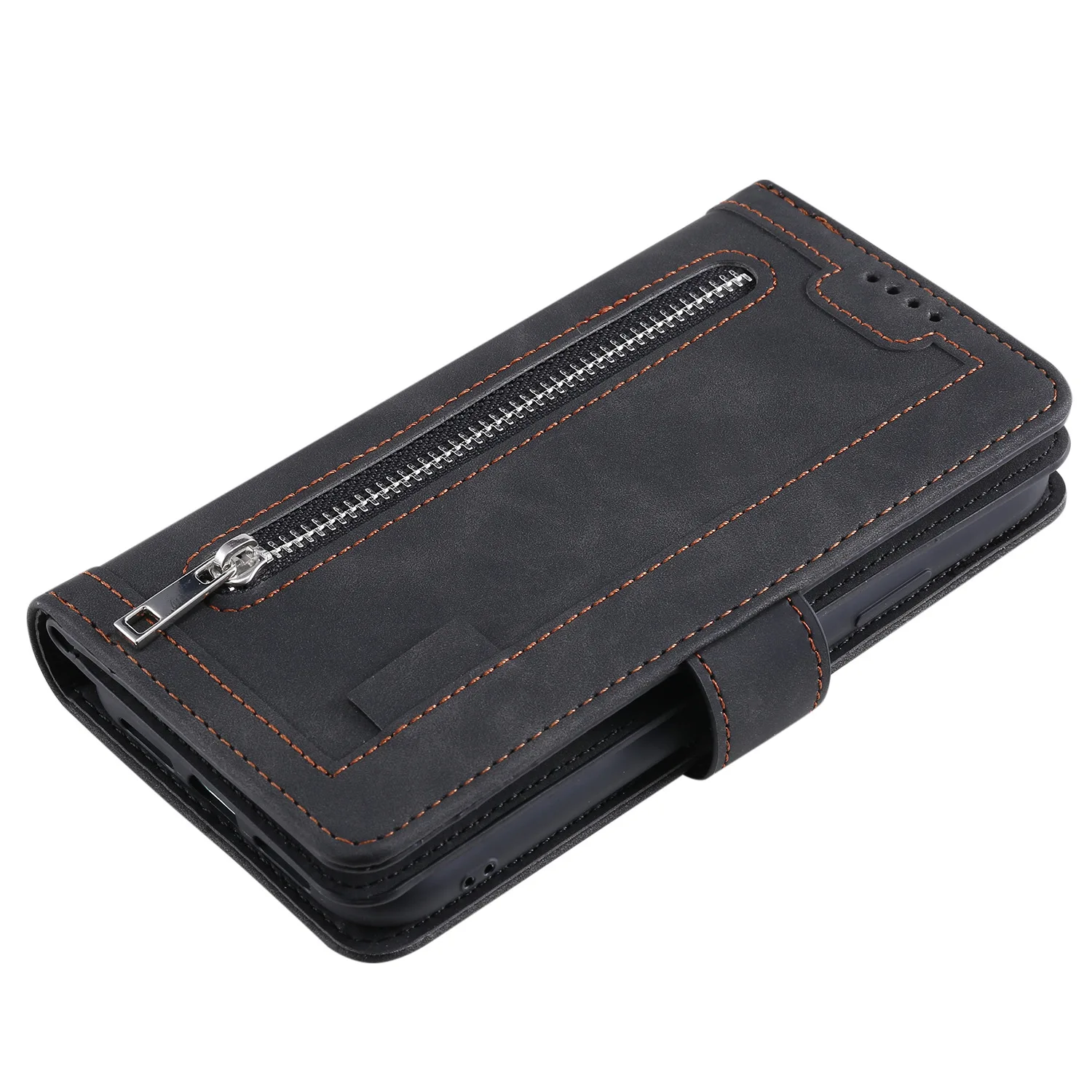 Retro Leather Zipper Wallet Case with Lanyard Wrist Strap and Multi-Card Slots