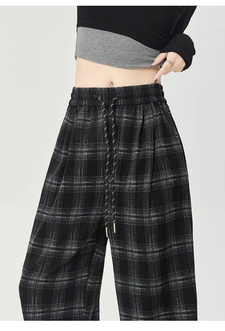 Winter Vintage Chic Kordelzug Lose Gerade Frauen Hosen Neue Plaid Kontrast Farbe Volle Länge Mode Weibliche Breite Bein Hosen – Detail 23
