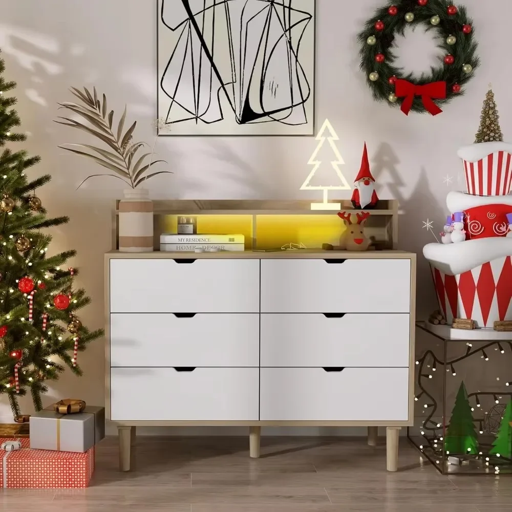 6 Drawer Dresser with Charging Station, Wooden Chest of Drawers with LED Light for Closet Hallway, Living Room, Entry 3