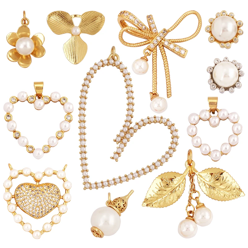 Fashion Heart Flower Pearl Cubic Zircon 18K Gold Charm Pendant