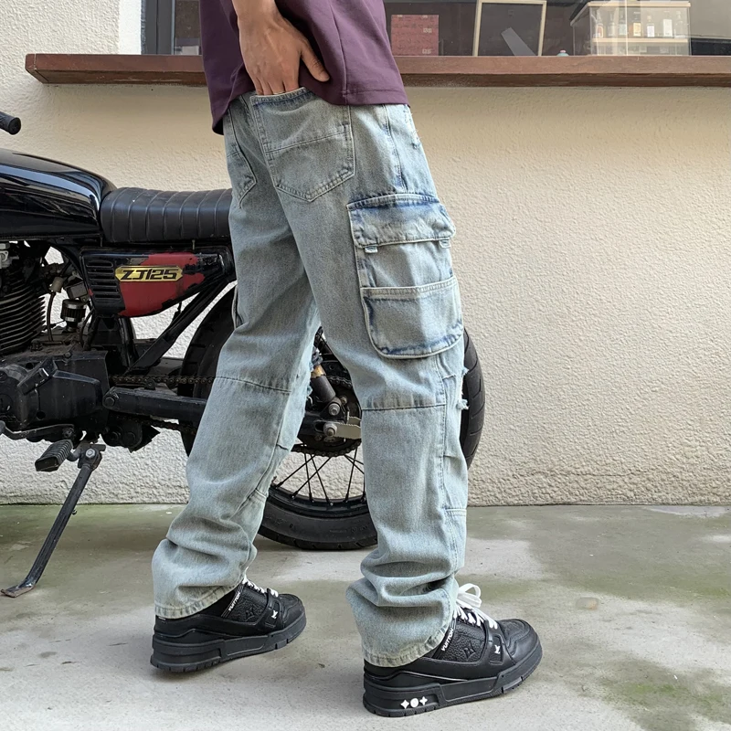 Motorcycle personality hole high-end heavy washing multi-pocket loose tide men's straight pants casual fall sense of work pants