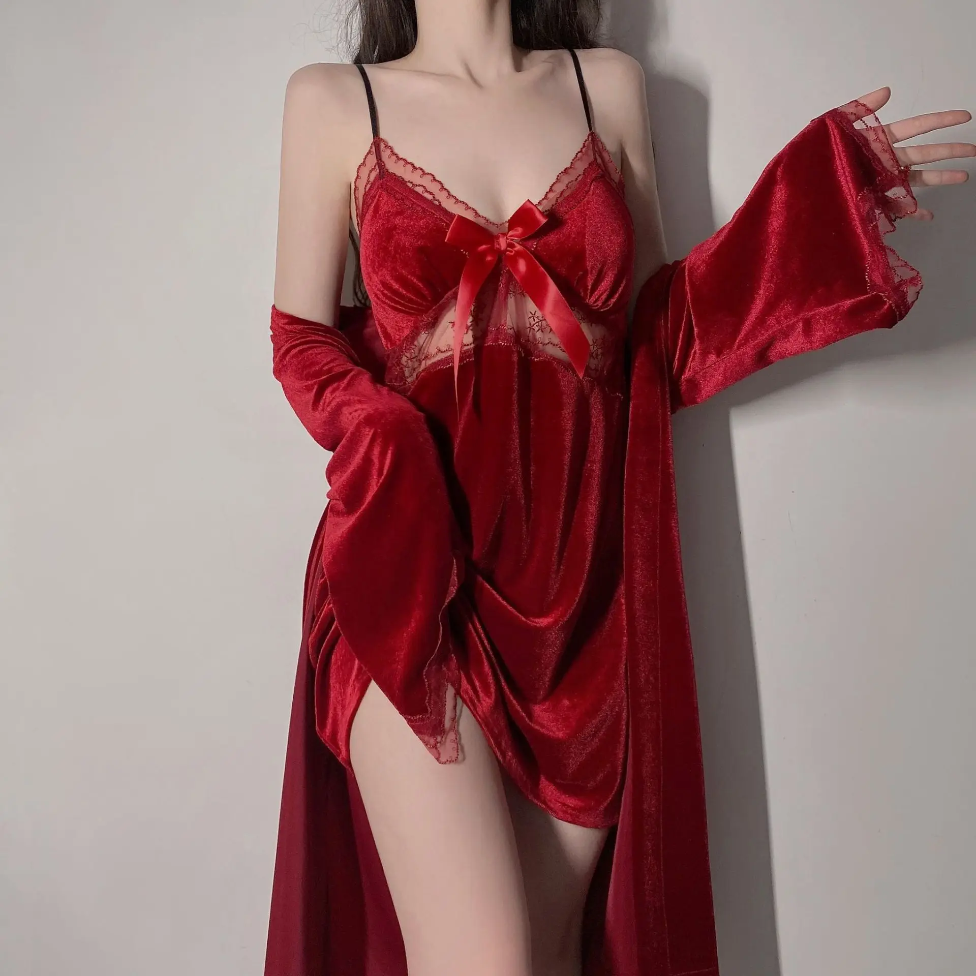

Autumn Winter Women Sexy Robe Bow Applique Nightdress Sets Velour Sleepwear Long Sleeve Bathrobe Gown 2 Pieces Home Clothes