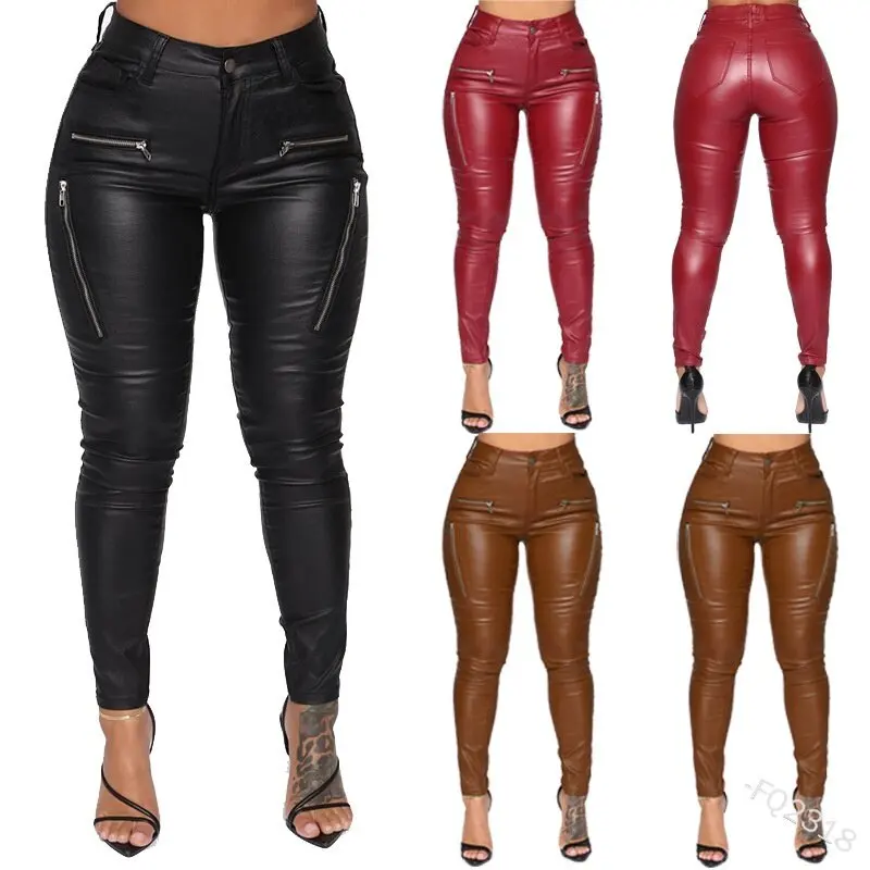Plus Size S-5XL Women PU Leather Leggings Spring Autumn Fashion Casual Sexy Zipper Slim Skinny Elastic Pants Goth Gothic Punk