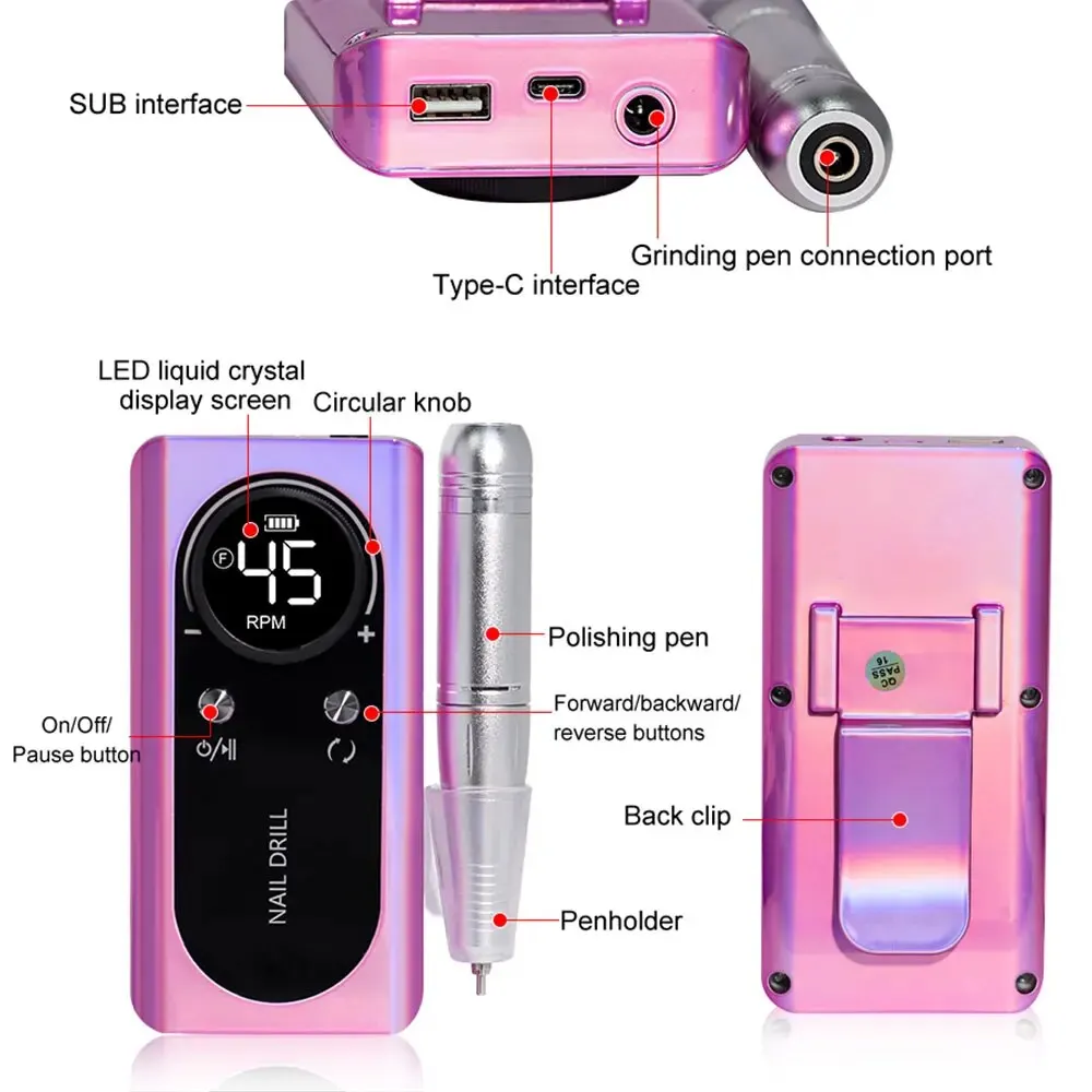 Professional 45000RPM Electric Portable Nail Drill Machine Rechargeable Low Noise Nail Sander File for Manicure Salon Tool 4