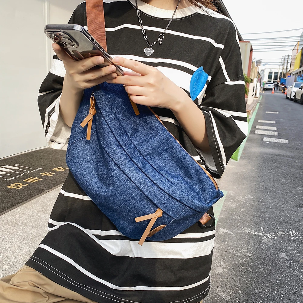 Men Women Denim Fanny Pack Harajuku Casual Chest Bags Large Capacity Adjustable Shoulder Straps Solid Color Female Waist Bag