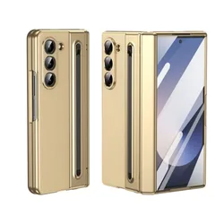 Galaxy Z Fold Series Phone Case with S Pen Storage & Hinge Protection, Built - in Screen Protector for Galaxy Z Fold4 (Gold)