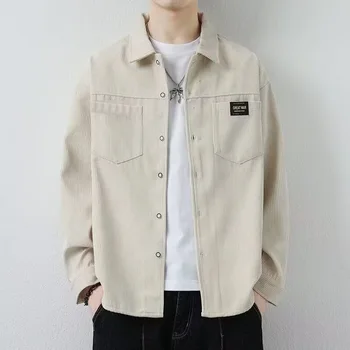 Corduroy Long Sleeve Shirt Stand Collar Loose Fit Youthful Style for Teenage Men Spring Autumn Wear Casual Comfortable Polyes...