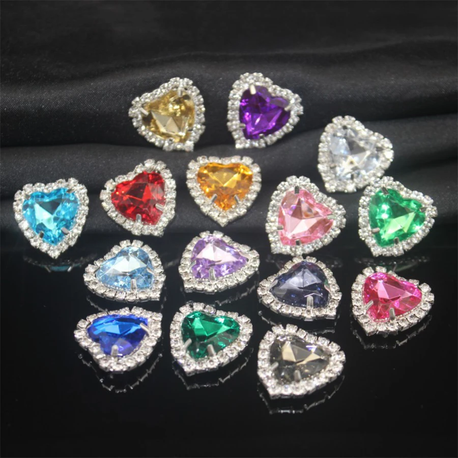 10PCS Herzförmige Flatback Strass Knopf Kristalle Glas Schmuck Machen Nähen Auf Mit Silber Unten Steine Für Kleidung Diy