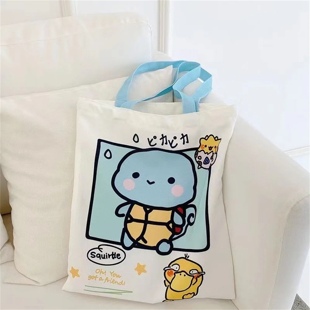 Shoulder Bags Anime Pokemon Pikachu Canvas Psyduck Squirtle Ladies Casual Handbag Reusable Large Capacity Women Shopping Bag TOY