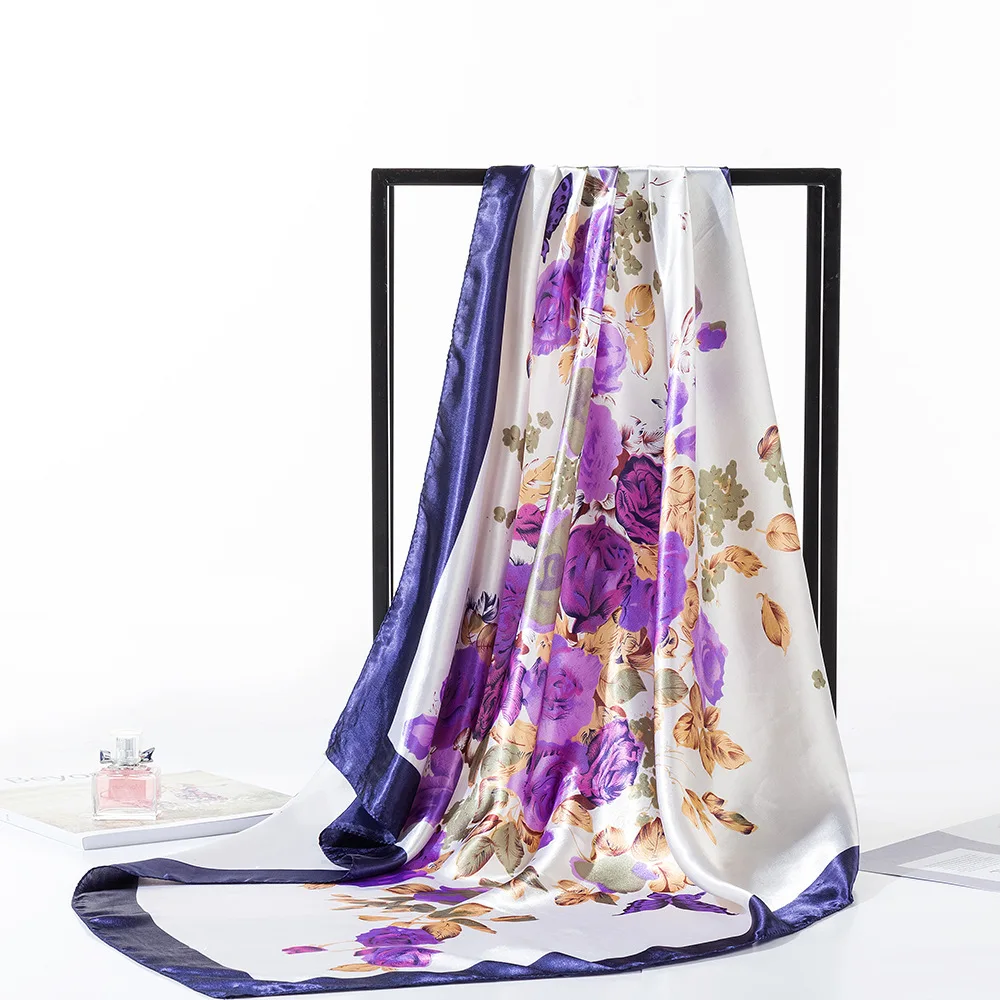 

NEW 90cm flower Women Silk Scarf Bandana Fashion Bohemian Pattern Square Hijab Lady Wrap Headband muffler Christmas Wedding gift