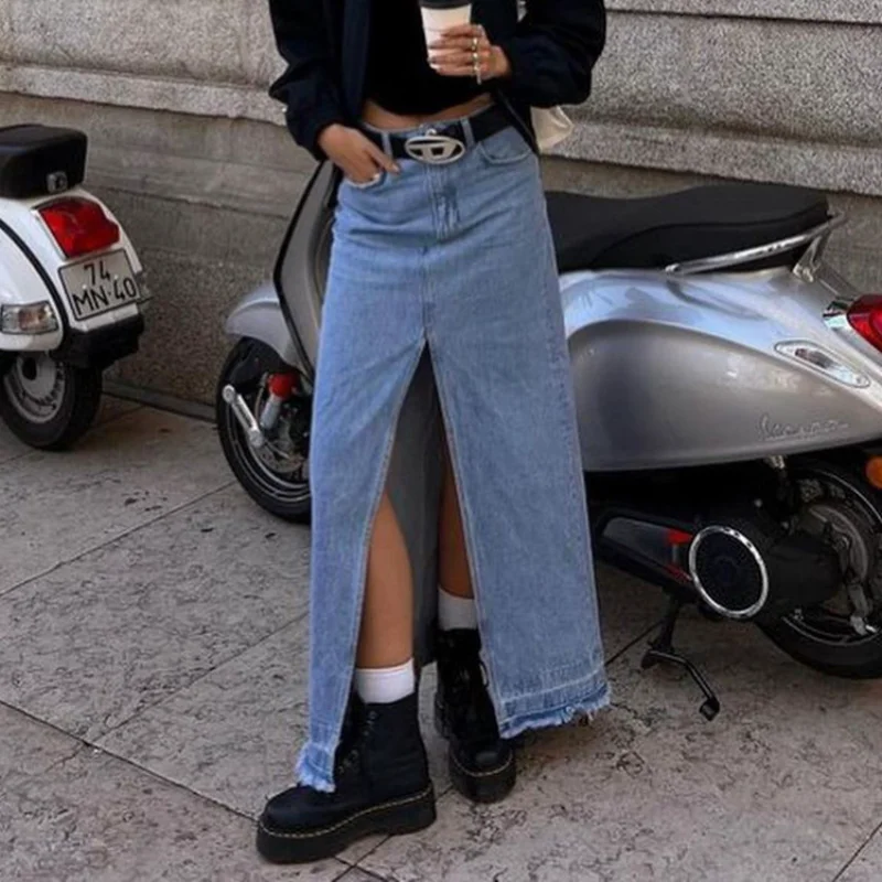 

Women's Denim Skirt with Slit Fashion Blue Jeans Skirts for Women Elegant High Waist Long Skirt Streetwear Casual Chic Clothing