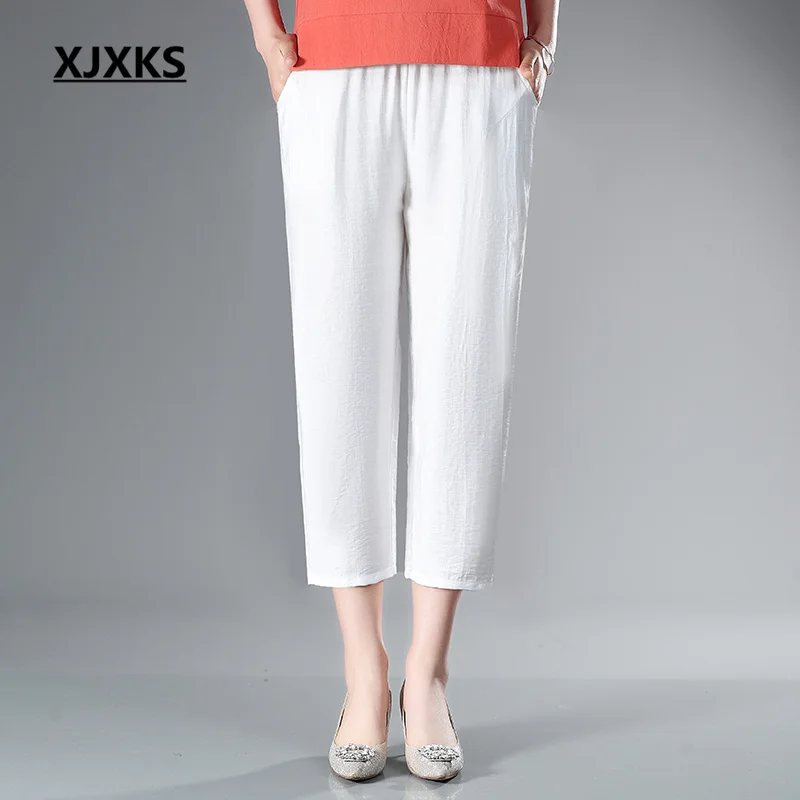 

XJXKS 2022 Новые однотонные универсальные укороченные брюки с эластичным поясом удобные повседневные Высококачественные льняные женские брюки