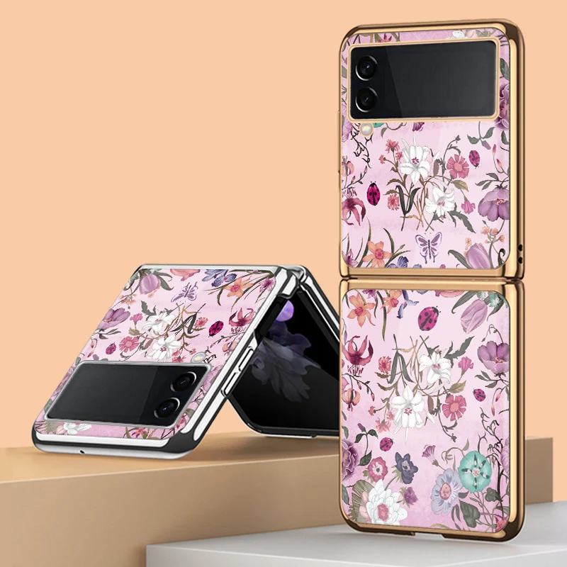 

Z Flip 4 Funda Case for Samsung Galaxy Z Flip 4 3 2 1 Retro Floral Plating Tempered Glass Coque Protection Phone Case Cover
