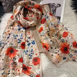 Elegant Orange and Blue 100% Mulberry Silk Floral Scarf - Versatile Summer Wrap/Shawl (Red floral)