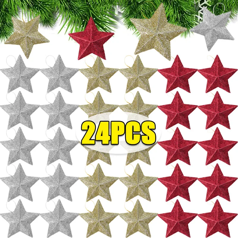 4/24PCS Glitter Star Christmas Ornament Silver Gold Pentagram Xmas Tree Hanging Pendant Festival Wedding Party Home Decoration