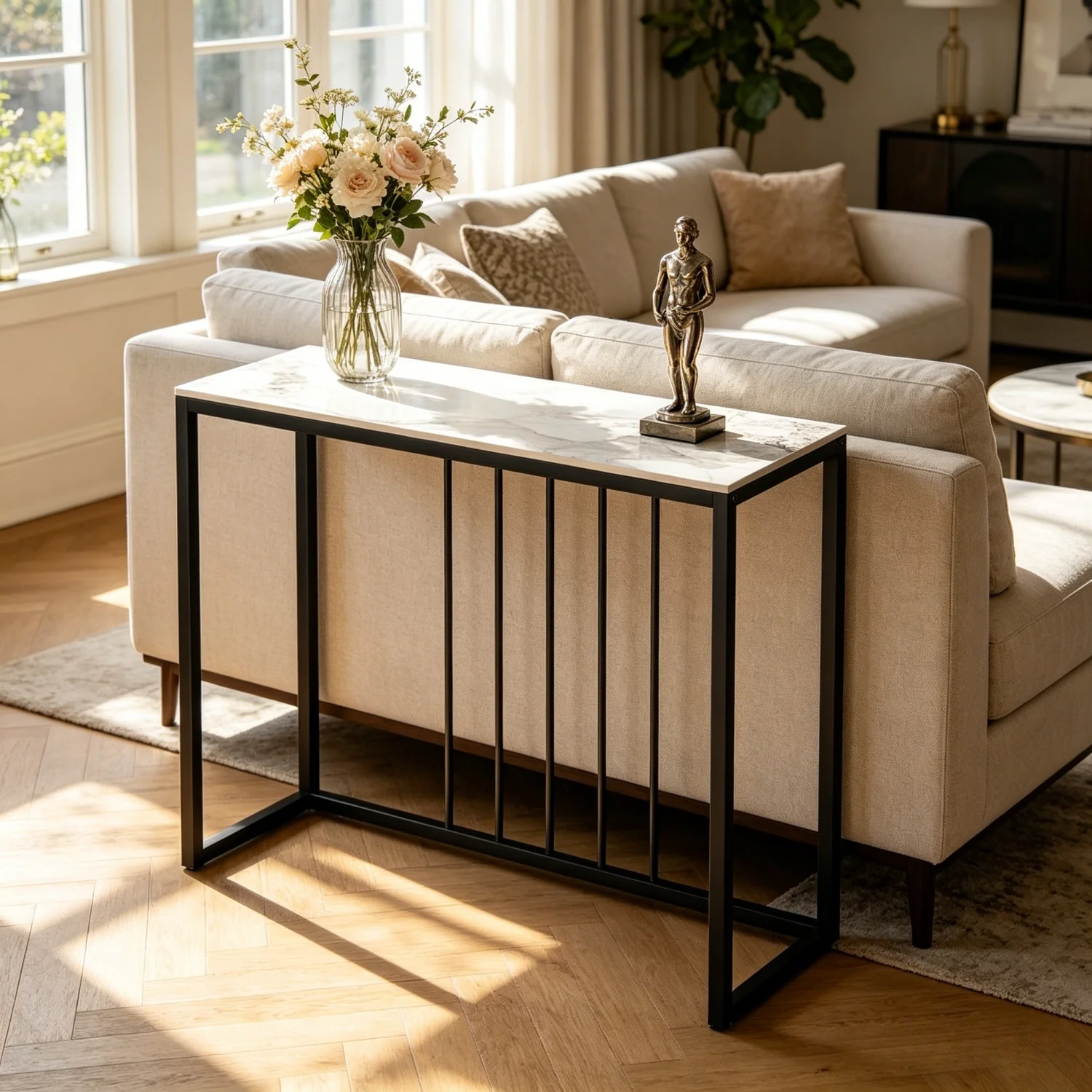 80cm Rectangle Console Table for Entryway Entrance Living Room Black Metal Frame Sofa Side Table Behind Couch
