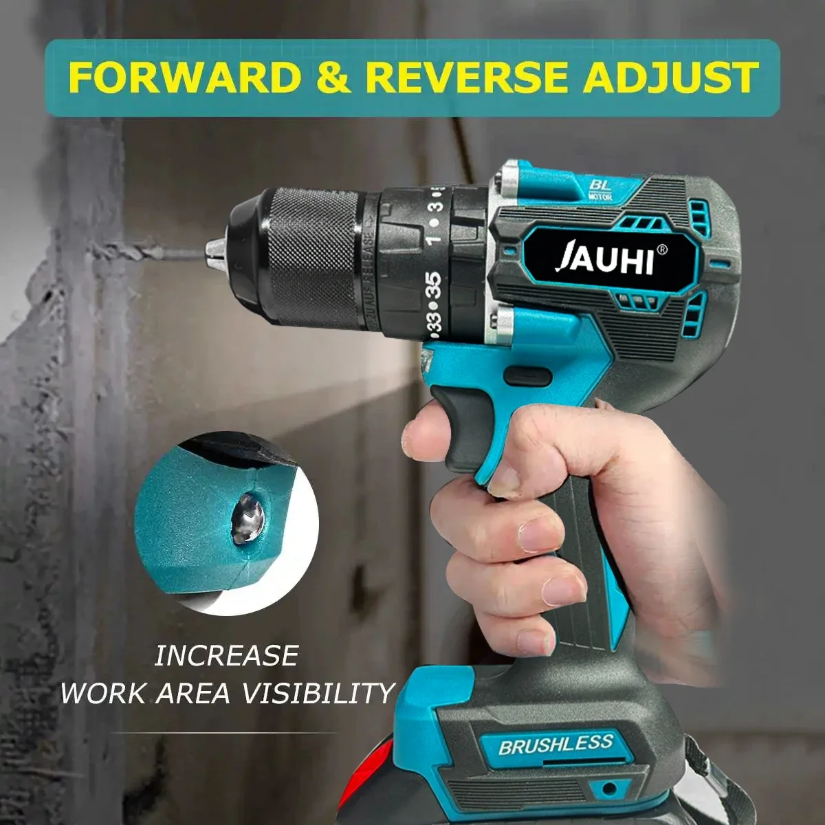 JAUHI 13mm High-Power Brushless Electric Impact Drill with Dual Speed and Adjustable Torque