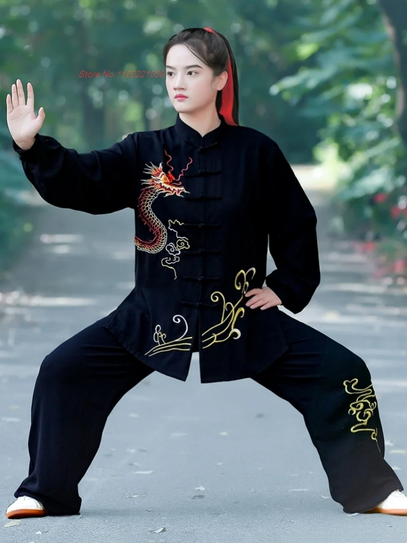 chinese vintage kung fu tai chi martial arts taijiquan wushu training exercise practice dragon embroidery tops+pants set
