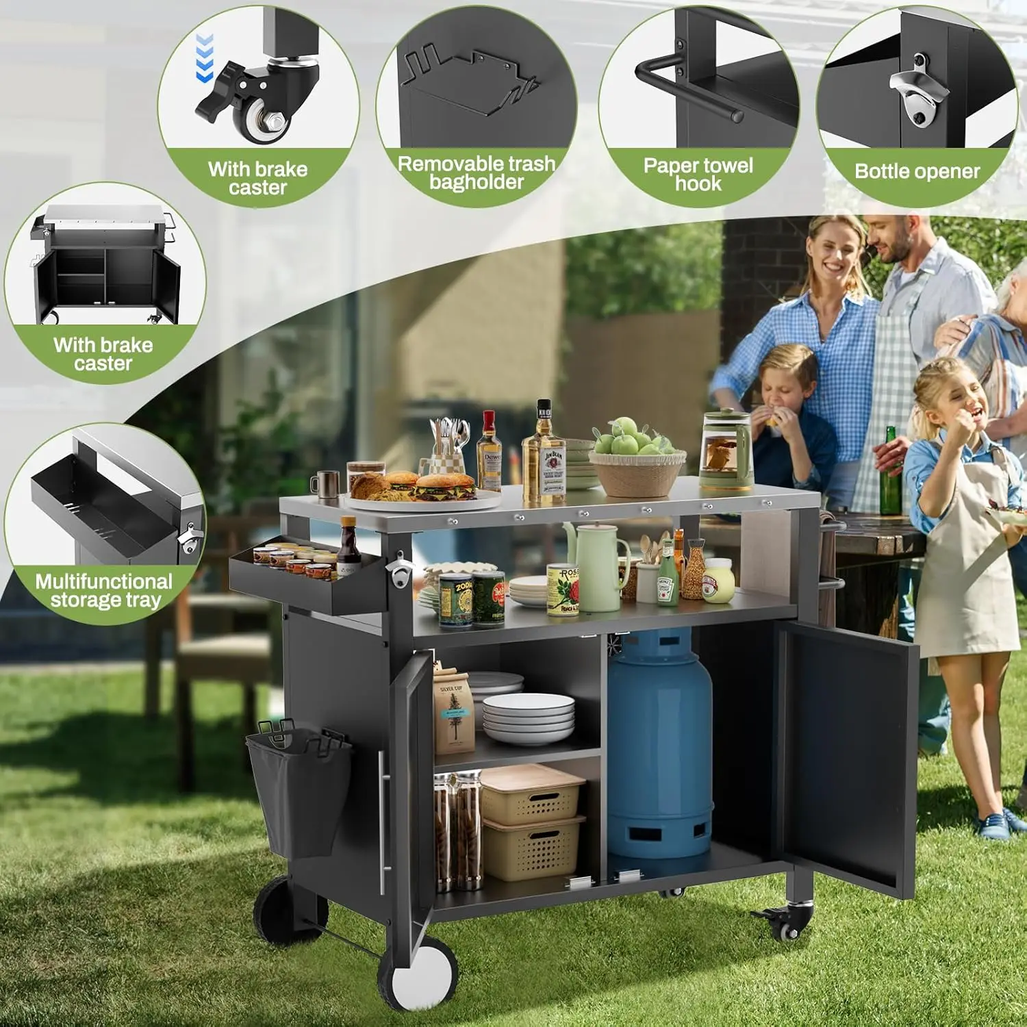 Outdoor Grill Cart with Patio Furniture, Rolling Bar Cart Outdoor BBQ Cart with Hooks and Spice Rack for Grilling