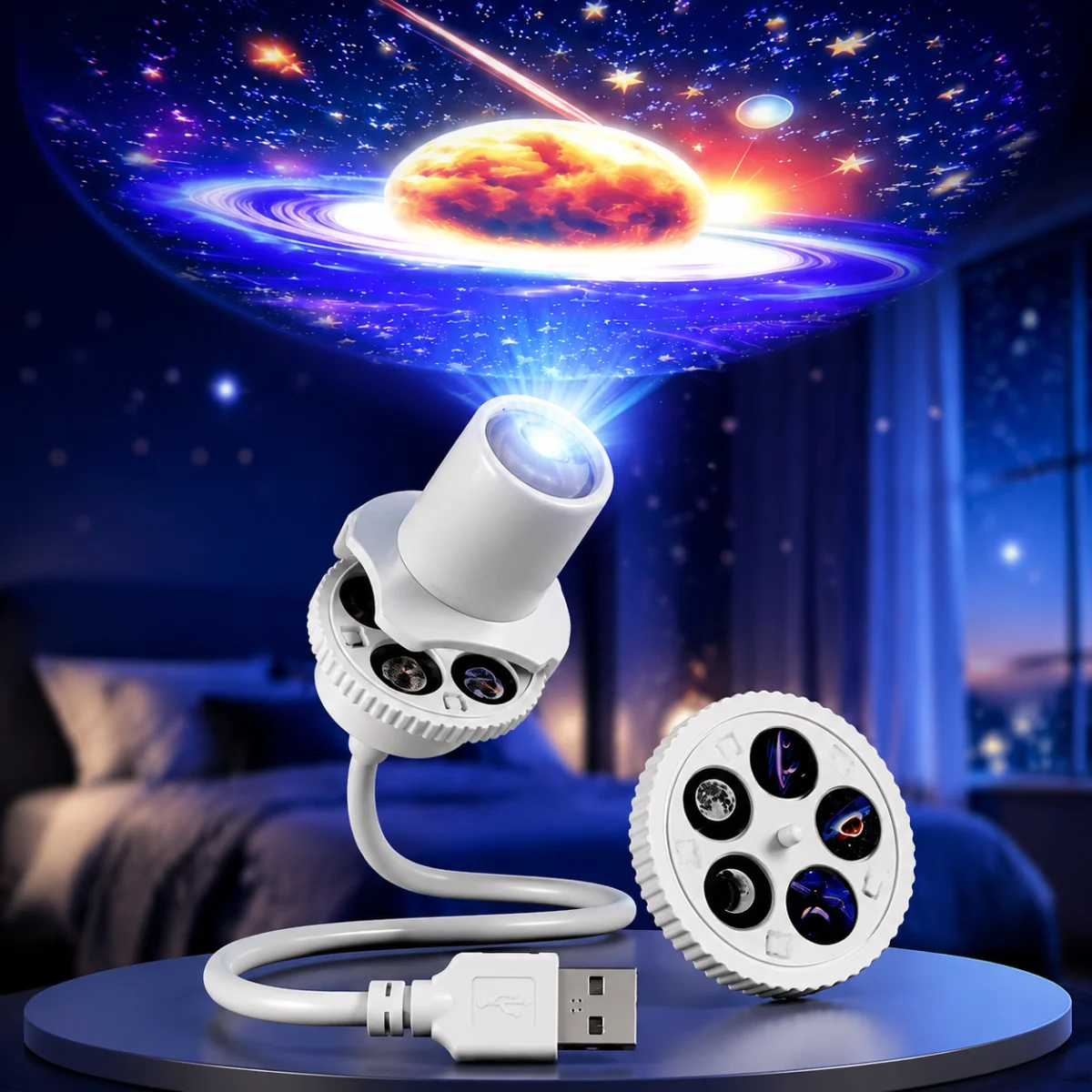 إضاءة السماء المرصعة بالنجوم تعمل عبر USB بزاوية 360 درجة ° مصباح ليلي دوار بتأثير الإسقاط الضوئي، إضاءة ليلية إبداعية بتقنية LED لغرفة النوم، مصباح ليلي بتأثير القمر والنجوم