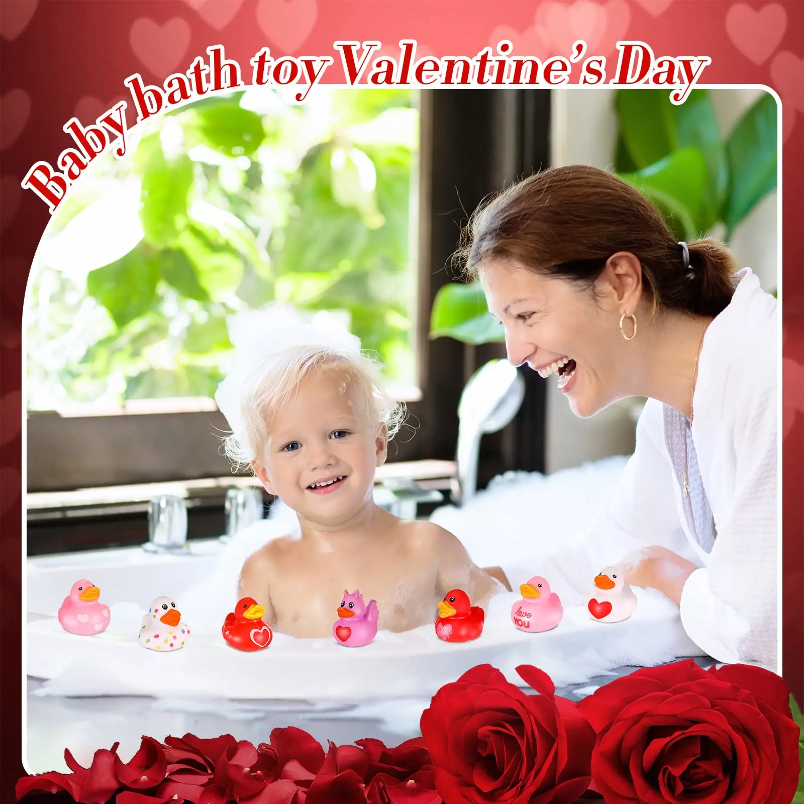 50Pcs 2.4Inch Valentine Rubber Duck in Bulk Valentine's Day  Heart Rubber Duck for Pool Bath Toy Classroom Prize Party,12 Style 5