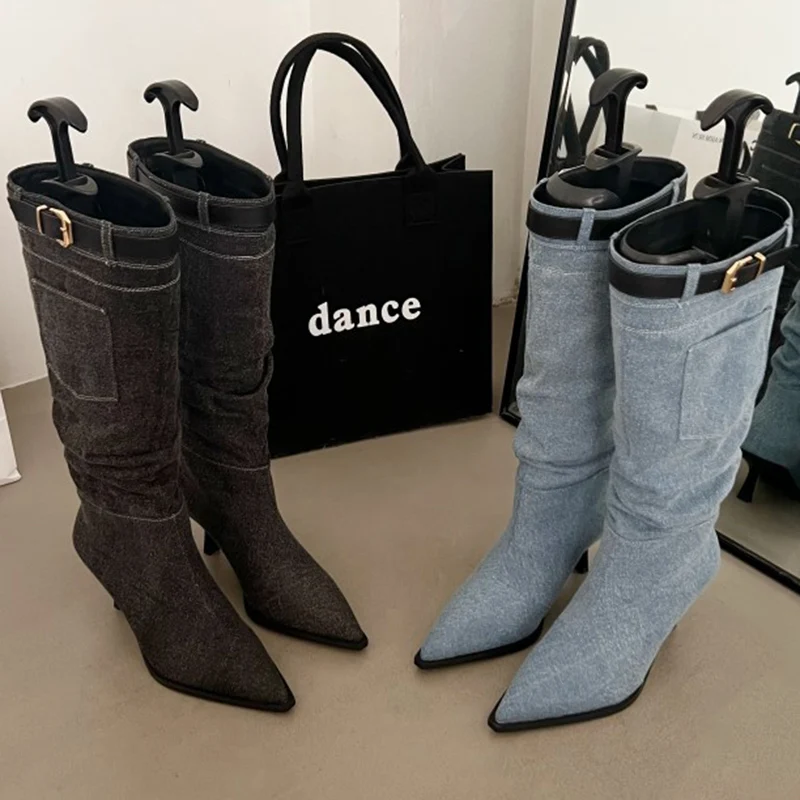 

Fashion Winter Women's Blue Denim Western Long Boots Ladies Belt Buckle Pocket Decor 5cm High Heels Thigh High Boots Party Shoes