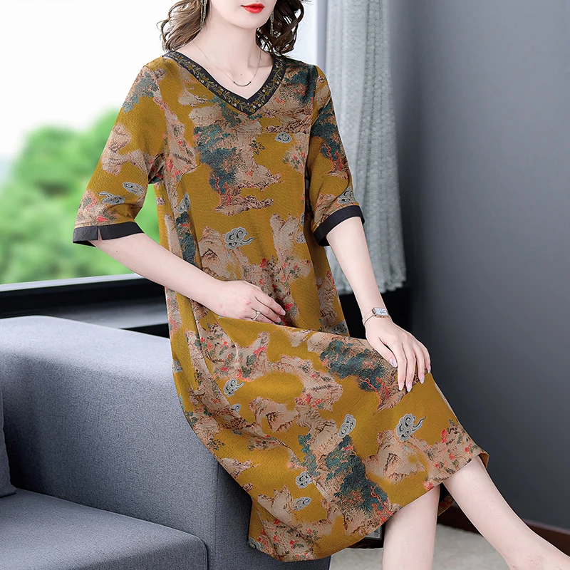 

2023 Print Embroidery Natural Silk Midi Dress Women New Elegant Loose Waist Beach Dress Summer Korean Vintage Casaul Vestidos