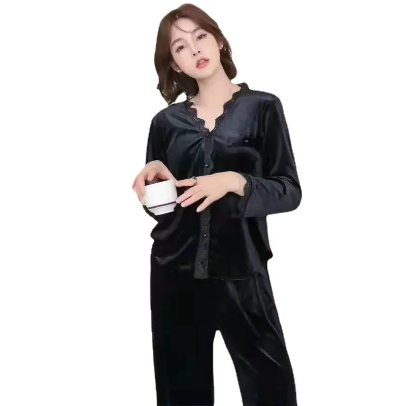 Gold Velvet Women's Pajamas Set Spring and Autumn Sexy Home Service Suits Pajamas for Women Sleepwear Homewear pyjama pour femme