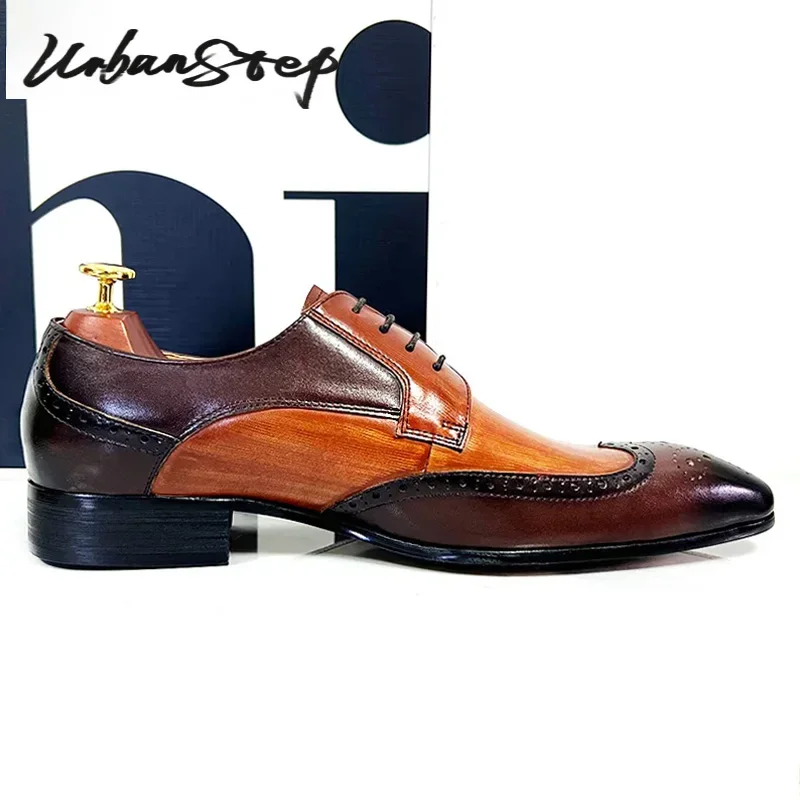 Men Leather Shoes Lace Up Pointed Toe Brogues Oxford for Wedding Office