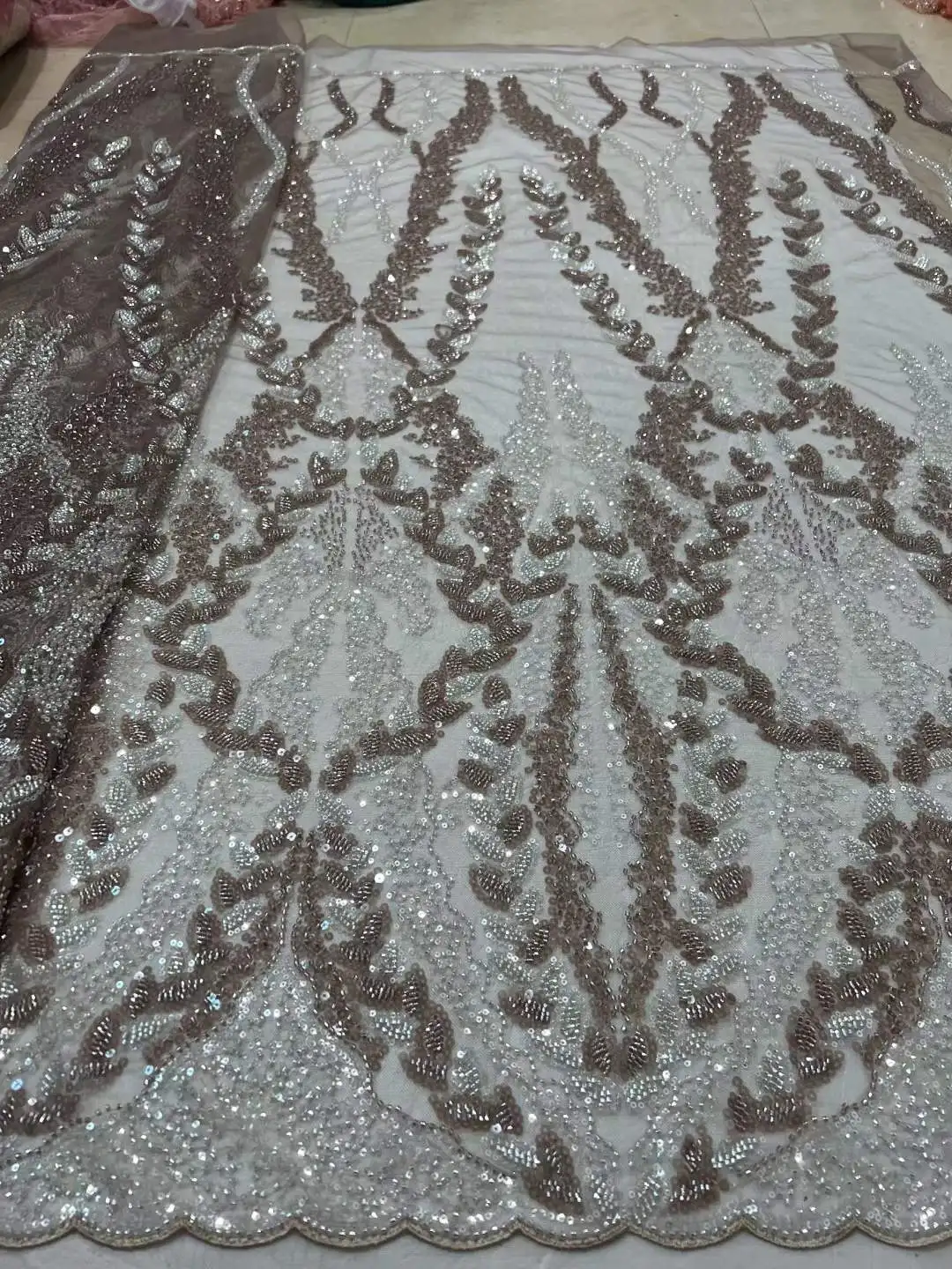

African Luxury White Sequins Lace Fabrics Latest Beads Embroidery French Tulle Mesh Lace Fabric Material For Party Wedding
