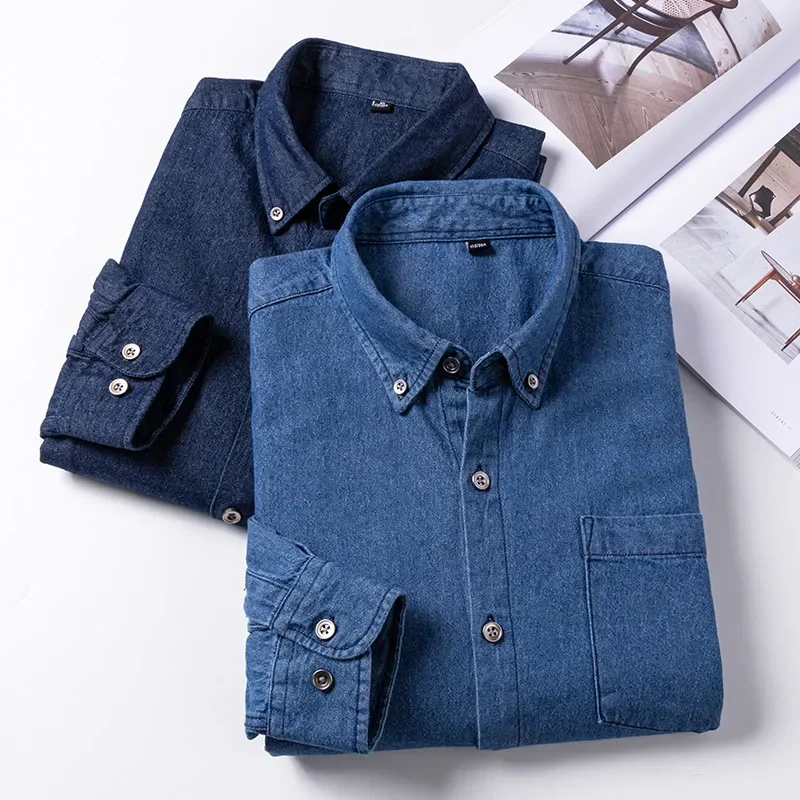 Classic Cotton Long-Sleeve Denim Pocket Design Shirt Fashion Embroider Comfortable Clothes