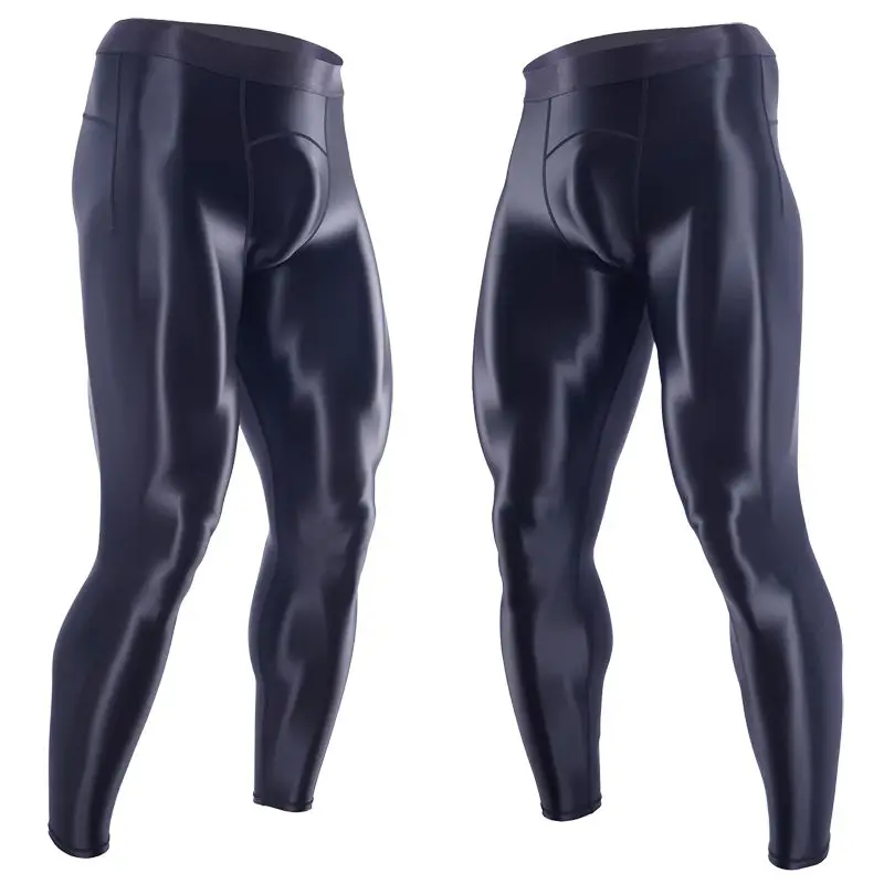 Mens Sports Pants Glossy Satin Men Leggings High Waist Smooth Skinny Pants Sports Tights Quick-drying Outdoor Fitness Gym Trousers