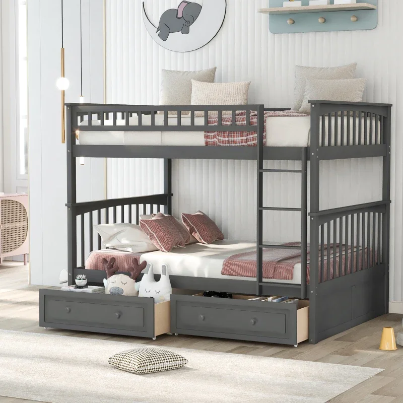 

Full over Full Bunk Bed with Drawers, Convertible Beds, with Safety Armrest and Storage Space, Suitable for Children's Room