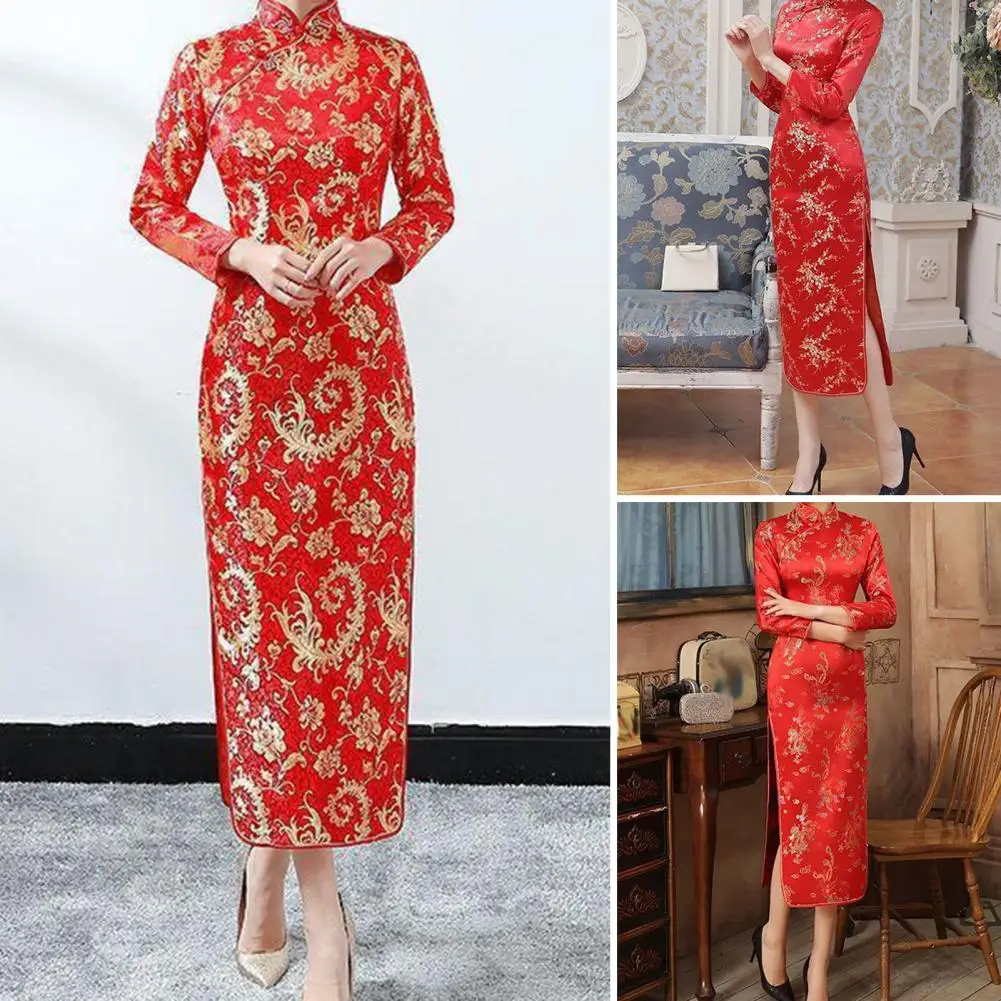 

Slim Fit Cheongsam Elegant Chinese Style Women's Cheongsam Dresses for Weddings Parties High Slits Long Fork Classic Qipao