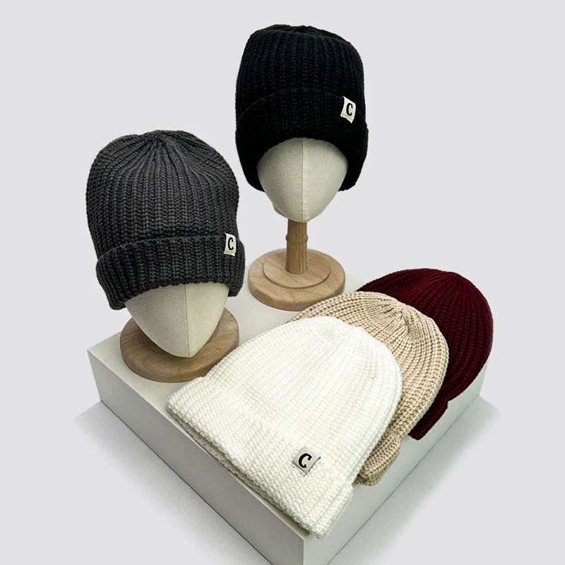

Autumn and Winter New C Letter Sticker Thickened Wool Bucket Knitted Hats Men Women Warm Korean Soft Versatile Outdoor Simple