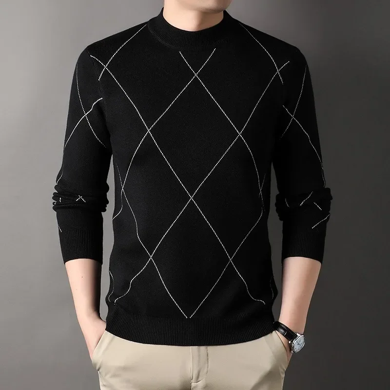 2023 Autumn and Winter New Sweaters Diamond Line Underlay Men's Knitted Pullover Fashion Simple Casual Half High Neck Sweater