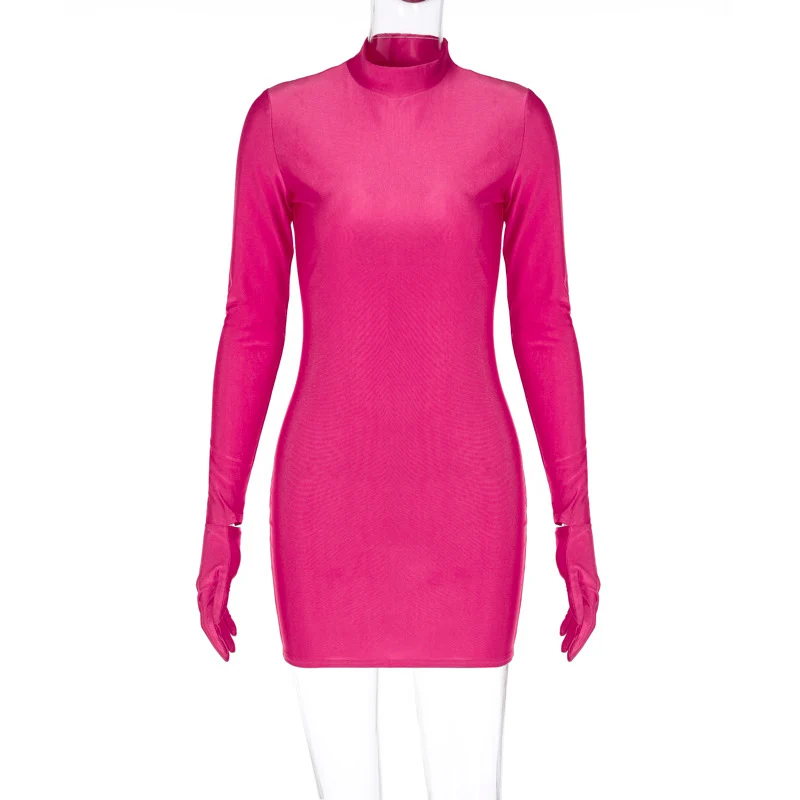 Solide Langarm Mit Handschuhe Mini Kleid Bodycon Sexy Streetwear Party Hälfte Rollkragen Outfits Y2K Kleidung Großhandel – Detail 16