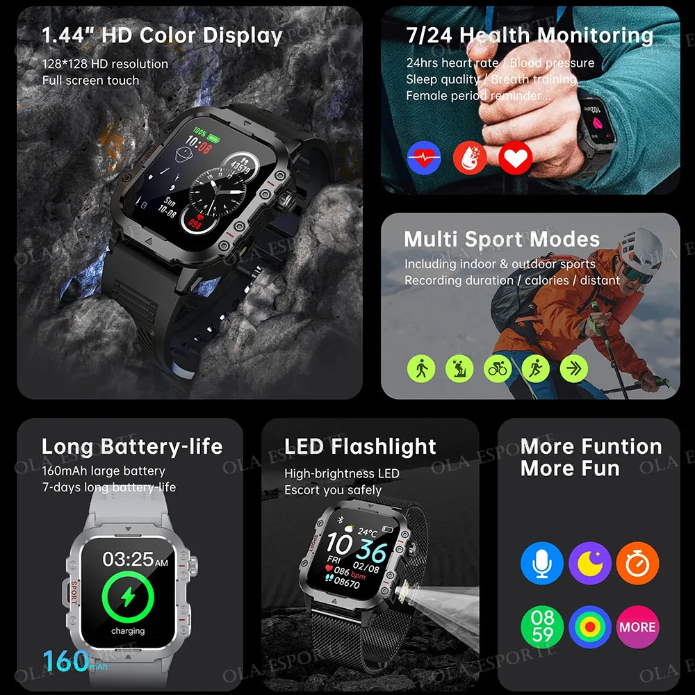 2026 New Military Smart Watch Men 3ATM Outdoor Sports Fitness Tracker Blood Pressure Health Monitoring BT Call GPS Smartwatch 2