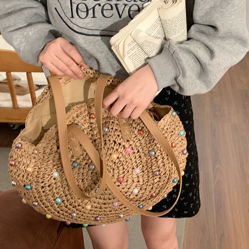 Woven Straw Bag Spring Summer Women Shoulder Crossbody Bags Girls Beach Handbag 2024 New Casual Large Handbags