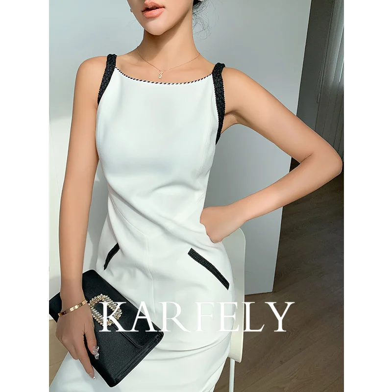 

KARFELY/Imported Acetic Acid Fine Hemp Dress Small Black Skirt Handmade Flower Elegant Skirt Simple Sling Dress